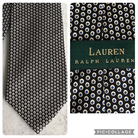 Lauren Ralph Lauren Mens Tie Black Silk White Blue Polka Dot Pattern - Picture 1 of 10